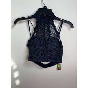 Sequin Hearts Navy Blue Lace Halter Crop Top Size 0 NWT